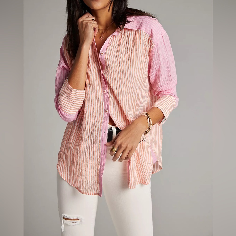 NWOT Maeve by Anthropologie Pink and Orange Stripe Button Down Shirt